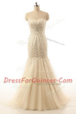 Mermaid Champagne Chiffon Zipper Sweetheart Sleeveless With Train Homecoming Dress Brush Train Beading