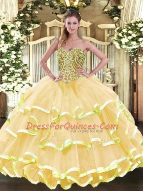 Floor Length Lace Up Quinceanera Gown Gold for Military Ball and Sweet 16 and Quinceanera with Beading and Ruffled Layers