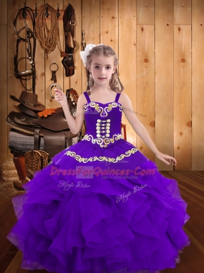 Eggplant Purple Straps Neckline Embroidery and Ruffles Little Girl Pageant Dress Sleeveless Lace Up