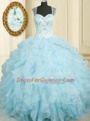 Baby Blue Sleeveless Organza Lace Up Quinceanera Dress for Military Ball and Sweet 16 and Quinceanera