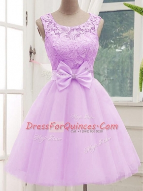 Most Popular Sleeveless Tulle Knee Length Lace Up Vestidos de Damas in Lilac with Lace and Bowknot