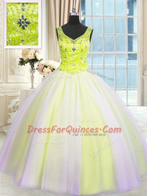 Multi-color Tulle Lace Up 15th Birthday Dress Sleeveless Floor Length Beading and Sequins
