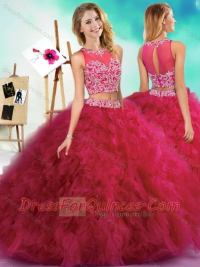 Classical Beaded and Ruffled Fuchsia Quinceanera Dresses  with See Through