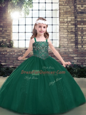 Glorious Green Ball Gowns Tulle Straps Sleeveless Beading Floor Length Lace Up Child Pageant Dress