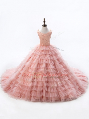 Pink Ball Gowns Scoop Sleeveless Beading and Ruffled Layers Lace Up Little Girl Pageant Gowns Court Train