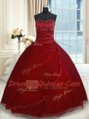 High Class Floor Length Wine Red Vestidos de Quinceanera Sweetheart Sleeveless Lace Up