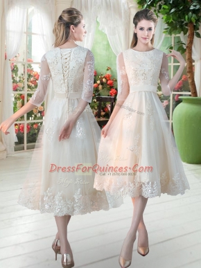 Scoop 3 4 Length Sleeve Prom Gown Tea Length Lace Champagne Tulle