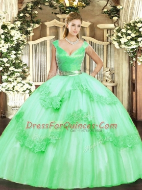 V-neck Sleeveless Quinceanera Gowns Floor Length Beading and Appliques Apple Green Tulle