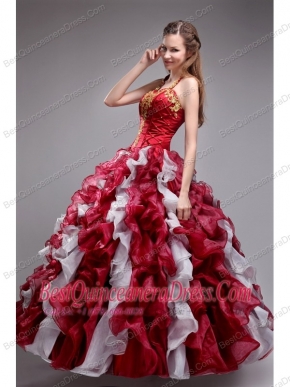 Wine Red and White Ball Gown Halter Floor-length Orangza Applqiues and Ruffles  Quinceanera Dress