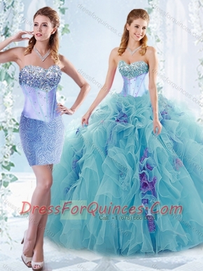 Classical  Aquamarine Detachable Quinceanera Gowns with Beaded Bust and Ruffles