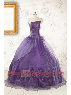 2015 Discount Purple Strapless Appliques Quinceanera Dresses