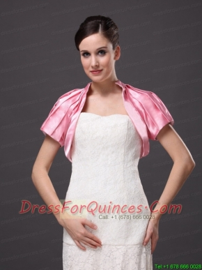 High-neck Satin Rose Pink Short Sleeves Jacket For Other Formal Occasions With Ruch Decorate