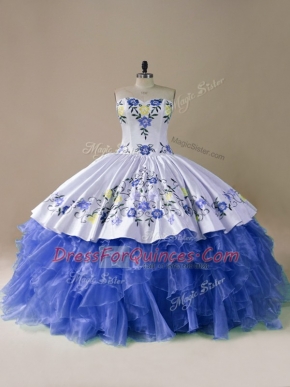 Inexpensive Blue And White 15th Birthday Dress Sweetheart Sleeveless Brush Train Lace Up