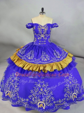 High End Off The Shoulder Sleeveless Quinceanera Dress Floor Length Embroidery Blue Satin and Organza