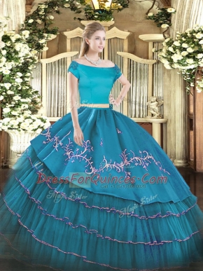 High End Teal Off The Shoulder Neckline Embroidery and Ruffled Layers 15 Quinceanera Dress Short Sleeves Zipper