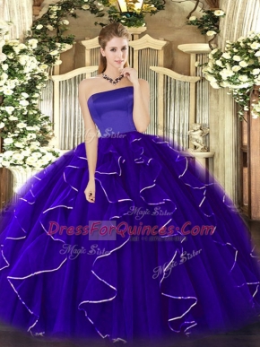 Stylish Blue Strapless Neckline Ruffles Sweet 16 Dress Sleeveless Zipper