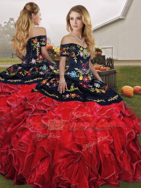 Red And Black Off The Shoulder Neckline Embroidery and Ruffles Sweet 16 Dresses Sleeveless Lace Up