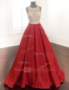 Elegant Scoop Sleeveless Prom Gown Floor Length Beading Red Satin