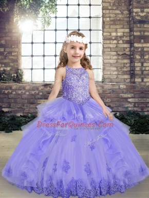 Stunning Scoop Sleeveless Girls Pageant Dresses Floor Length Beading and Appliques Lavender Tulle