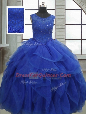 Floor Length Lace Up Ball Gown Prom Dress Royal Blue for Military Ball and Sweet 16 and Quinceanera with Ruffles and Sequins