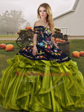Olive Green Ball Gowns Off The Shoulder Sleeveless Organza Floor Length Lace Up Embroidery and Ruffles Quinceanera Dress