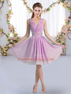 Custom Designed Lavender Sleeveless Knee Length Beading Zipper Dama Dress for Quinceanera