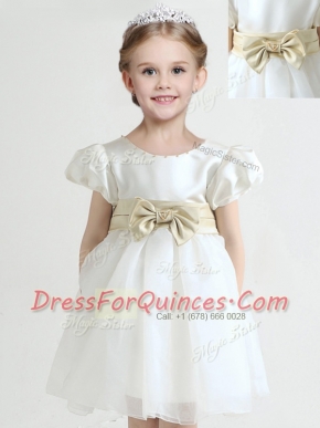 Scoop White Short Sleeves Knee Length Bowknot Zipper Flower Girl Dresses for Less