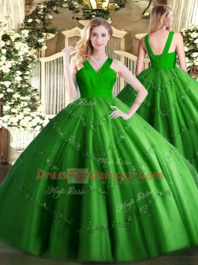 Unique V-neck Sleeveless Vestidos de Quinceanera Floor Length Beading Green Tulle