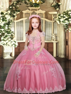 Top Selling Pink Ball Gowns Tulle Straps Sleeveless Appliques Floor Length Lace Up Winning Pageant Gowns