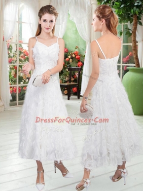 Low Price A-line Party Dress White Straps Sleeveless Tea Length Zipper