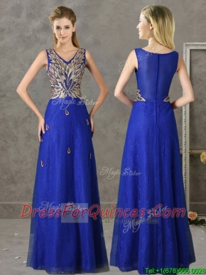 Gorgeous V Neck Appliques and Beading Prom Dresses in Royal Blue