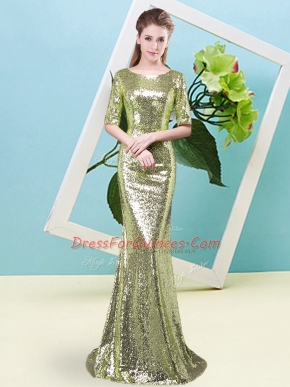 Elegant Yellow Green Zipper Prom Party Dress Sequins Half Sleeves Floor Length