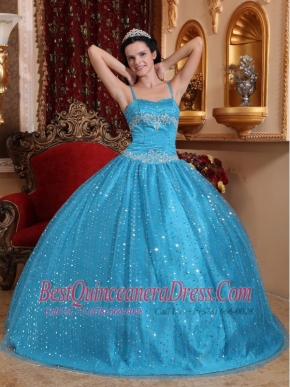 Blue Ball Gown Spaghetti Straps Floor-length Sequined Beading Quinceanera Dress