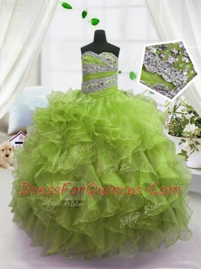 Olive Green Ball Gowns Organza Sweetheart Sleeveless Beading and Ruffles Floor Length Lace Up Kids Formal Wear