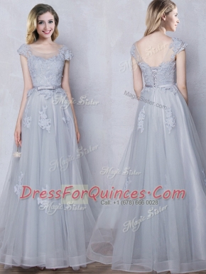 Scoop Tulle Cap Sleeves Floor Length Vestidos de Damas and Lace and Appliques and Belt