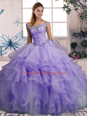 Lavender Ball Gowns Organza Off The Shoulder Sleeveless Beading and Ruffles Floor Length Lace Up 15th Birthday Dress