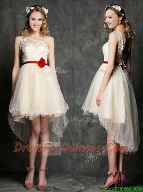 Classical One Shoulder High Low Champagne Prom Dresses with Belt and Appliques