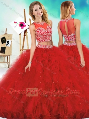See Through Two Piece Red Quinceanera Dress with Beading and Ruffles