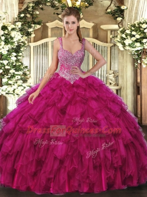 Dramatic Floor Length Fuchsia Quinceanera Dresses Organza Sleeveless Beading and Ruffles