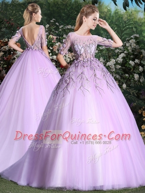 Scoop Lilac Short Sleeves Tulle Brush Train Backless Sweet 16 Quinceanera Dress for Military Ball and Sweet 16 and Quinceanera
