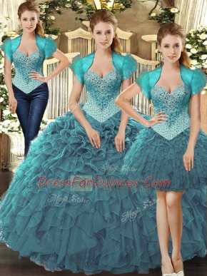 Pretty Beading and Ruffles Quinceanera Gown Teal Lace Up Sleeveless Floor Length