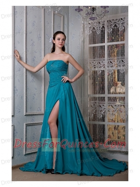 Prom Dress Teal A-line Strapless Court Train Chiffon and Elastic Woven Satin Beading