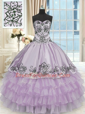 Floor Length Lace Up Quinceanera Dress Lavender for Military Ball and Sweet 16 and Quinceanera with Beading and Embroidery and Ruffled Layers