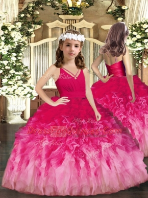 V-neck Sleeveless Kids Pageant Dress Floor Length Ruffles Multi-color Tulle