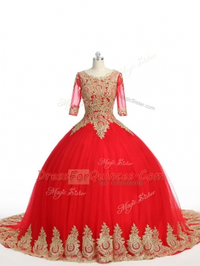 Scoop Half Sleeves Tulle 15th Birthday Dress Lace and Appliques Brush Train Zipper