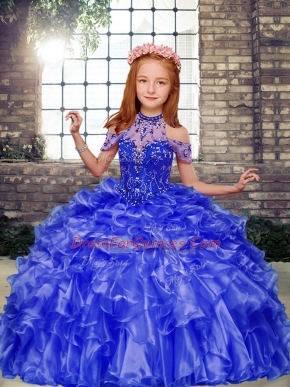 Blue Organza Lace Up Custom Made Pageant Dress Sleeveless Floor Length Beading and Ruffles