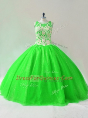 Modest Green Lace Up Scoop Beading 15 Quinceanera Dress Tulle Sleeveless
