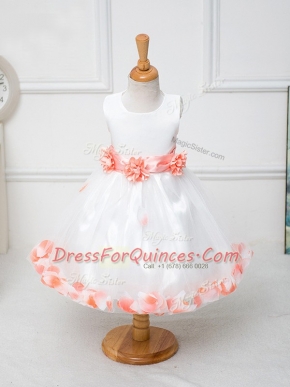 White Sleeveless Appliques and Bowknot and Hand Made Flower Knee Length Toddler Flower Girl Dress