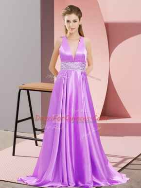 V-neck Sleeveless Prom Gown Brush Train Beading Lavender Elastic Woven Satin