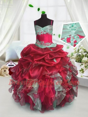 Custom Designed Ball Gowns Child Pageant Dress Red Spaghetti Straps Organza Sleeveless Floor Length Lace Up